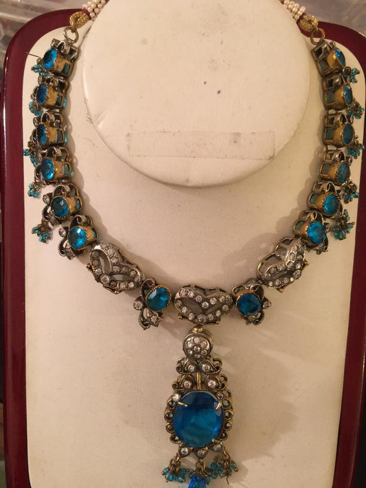 Blue Topaz and CZ Yellow Gold Plated Necklace Set