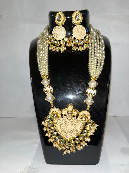 Gold Plated Kundan and Beads Earrings and Necklace Set