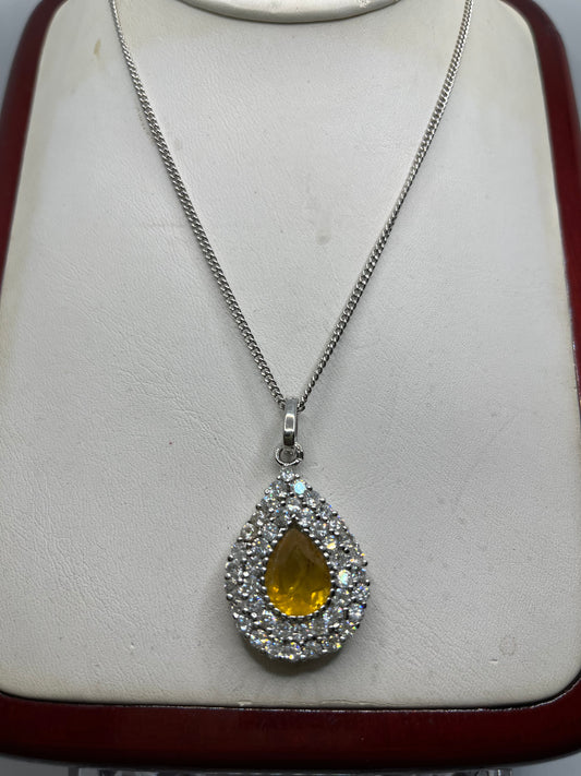 Beautiful silver Citrine Stone CZ Pendant Necklace