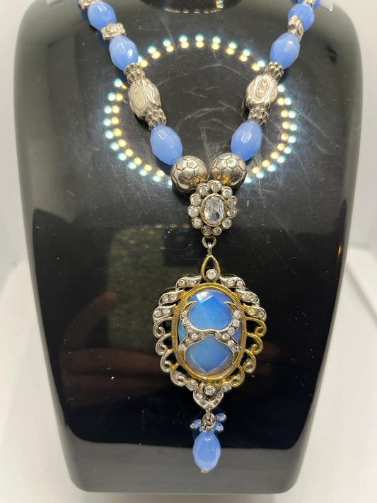 Beautiful Light Blue Large Beads and Stone Gold Plated Necklace